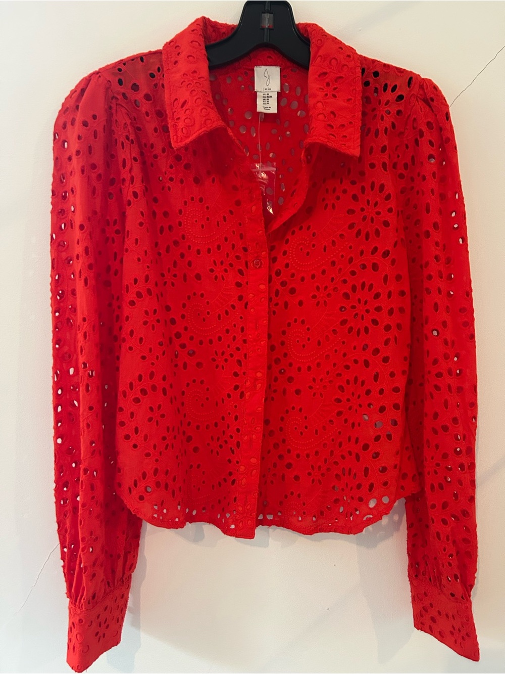 Women's Red Eyelet Button-Down Shirt with Classic Collar